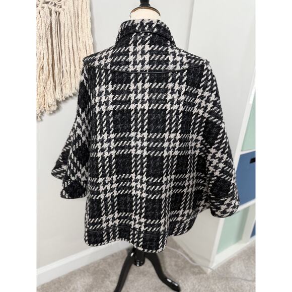 Women's Black White Classic Houndstooth Plaid Wool Blend Poncho Cape Coat Medium - Picture 2 of 5